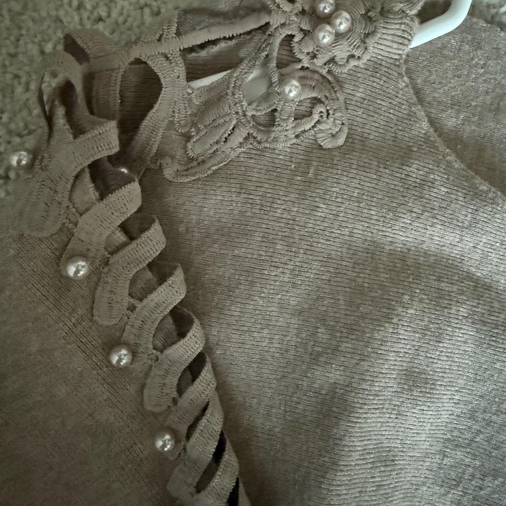 Ember Oatmeal Color Stretchy Embellished Soft Cottagecore Women’s Sweater - Picture 2 of 7